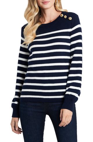 1.State + Crewneck Button Trim Stripe Sweater