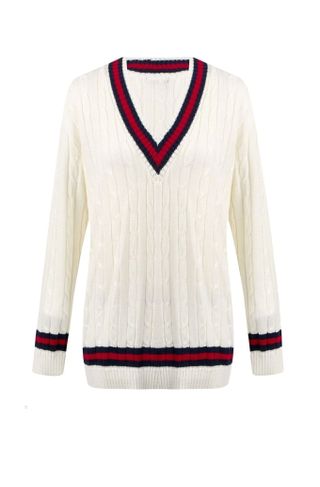 Love Celeb Look + V Neck Cable Knitted Cricket Stripe Jumper