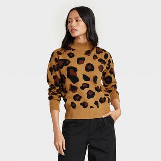 Who What Wear x Target + Leopard Print Turtleneck Pullover Sweater