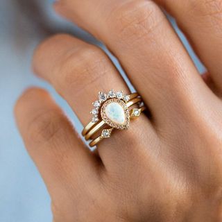 Local Eclectic + Pear Stacking Ring Set in Gold With White Opal