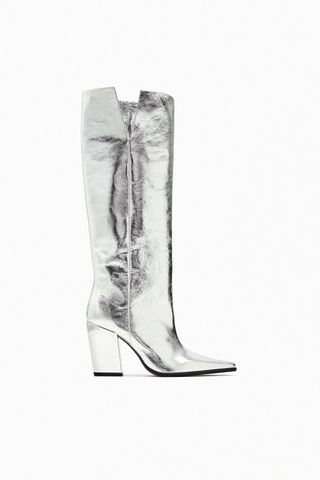 Zara + Leather Block Heel Knee-High Boots in Silver