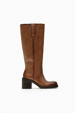 Zara + Leather High-Heel Boots with Pull Tabs