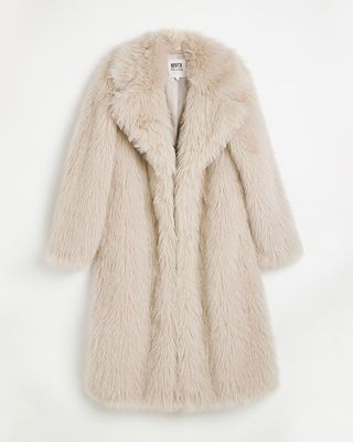 River Island + Cream Faux Fur Longline Coat