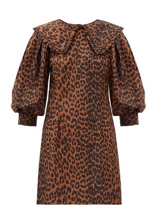 Ganni + Ruffled-Collar Leopard-Print Cotton-Poplin Dress