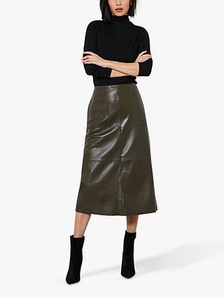 Mint Velvet + Leather A-Line Midi Skirt, Khaki