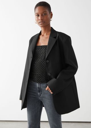& Other Stories + Long Fitted Padded Shoulder Wool Blazer