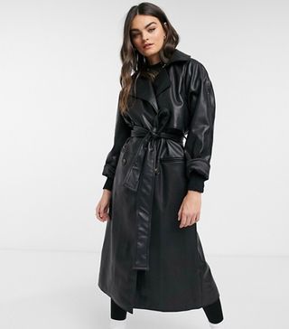 ASOS + Weekday Elli Faux Leather Trench Coat in Black