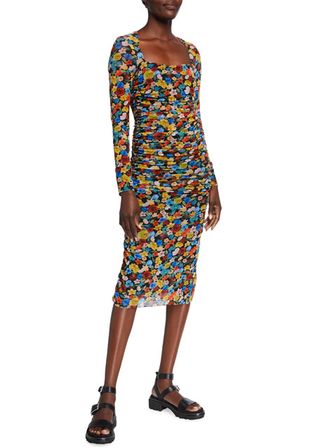 Ganni + Floral-Print Long-Sleeve Shirred Mesh Dress
