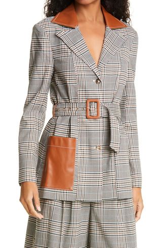 Staud + Paprika Glen Plaid Belted Jacket With Faux Leather Trim
