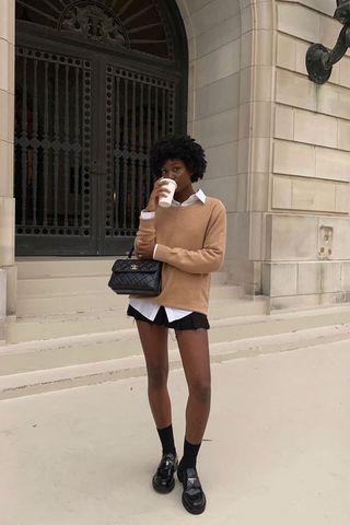 Collared shirt with sweater and skirt