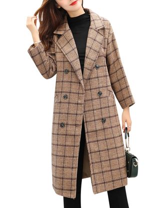 Tanming + Double Breasted Long Plaid Wool Blend Coat