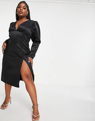 Collective the Label + Curve Plunge Volume Sleeve Midi Dress in Black