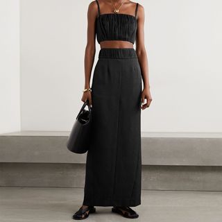 Tove + Gigi Cropped Pleated Cotton and Silk-Blend Jacquard Top
