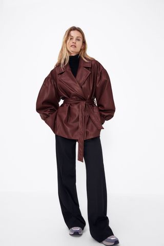 Zara + Faux Leather Belted Blazer