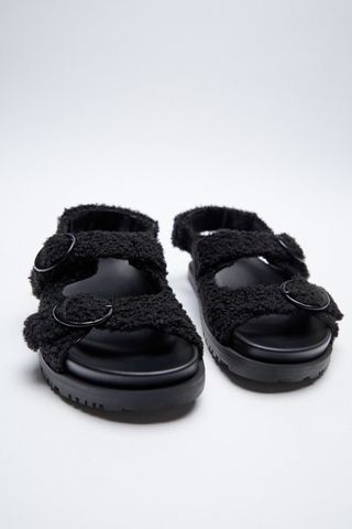 Zara + Flat Faux Fur Buckle Sandals