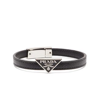 Prada + Logo-Plaque Saffiano-Leather Bracelet