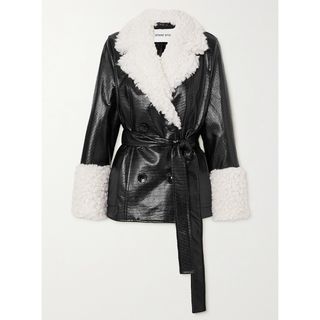 Stand Studio + Harmony Belted Faux Shearling-Trimmed Faux Textured Patent-Leather Coat