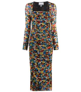 Ganni + Floral-Print Ruched Midi Dress