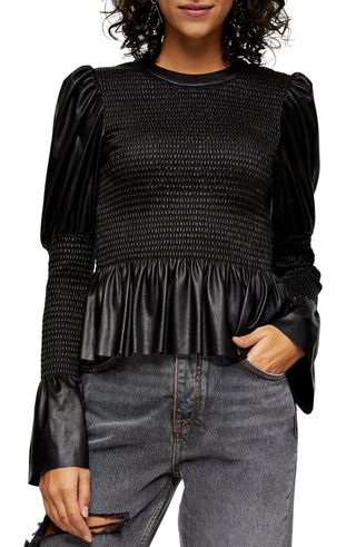 Topshop + Faux Leather Smocked Peplum Blouse