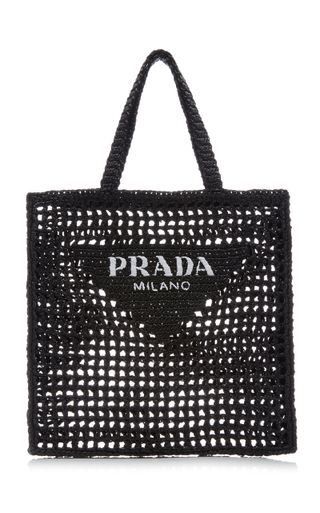 Prada + Logo-Embroidered Raffia Tote Bag