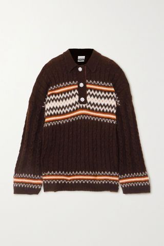 Ganni + Crystal-Embellished Fair Isle Cable-Knit Alpaca-Blend Sweater