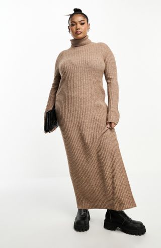 Asos Design + Long Sleeve Turtleneck Rib Maxi Sweater Dress