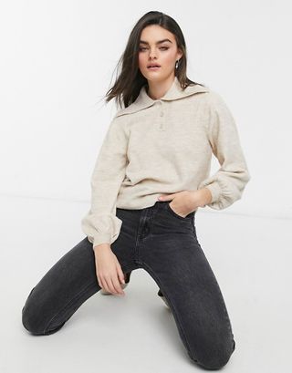 Asos Design + Jumper With Wide Collar and Button Placket in Stone