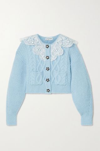 Self-Portrait + Cropped Lace-Trimmed Crystal-Embellished Cable-Knit Cardigan