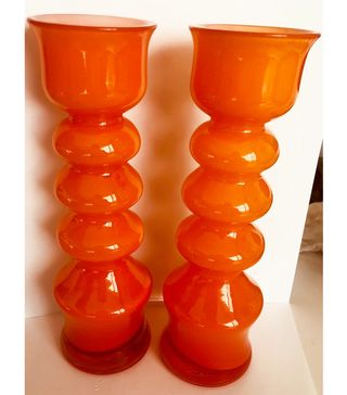 Vintage + 1960s Orange Glass Vases Pair Japanese Glass