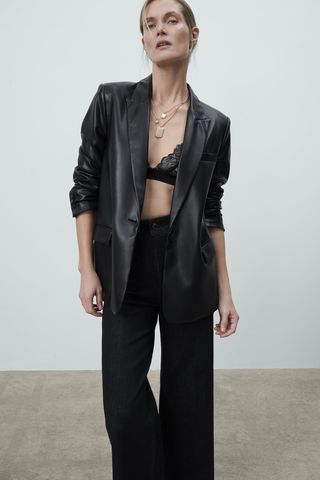 Zara + Straight Cut Faux Leather Blazer