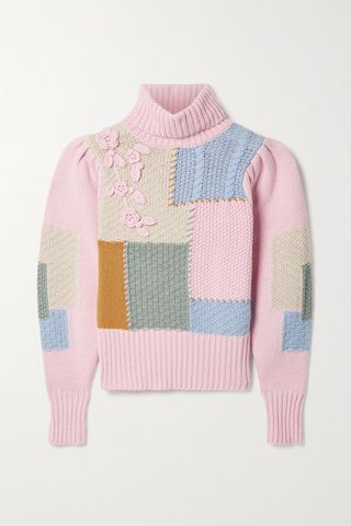 Loveshackfancy + Allan Appliquéd Patchwork Knitted Turtleneck Sweater