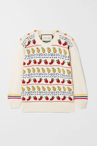Gucci + Button-Detailed Intarsia Cotton and Wool-Blend Sweater