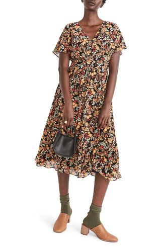 Madewell + Flower Garden Dolman Sleeve Ruffle Hem Midi Dress