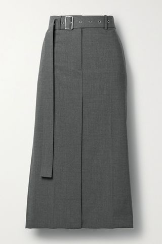 Helmut Lang + Belted Wool-Blend Midi Skirt