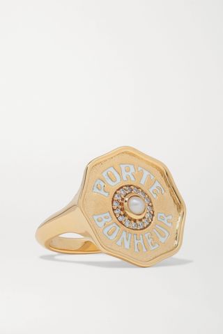 Marlo Laz + Porte Bonheur 14-Karat Gold, Enamel, Pearl and Diamond Ring