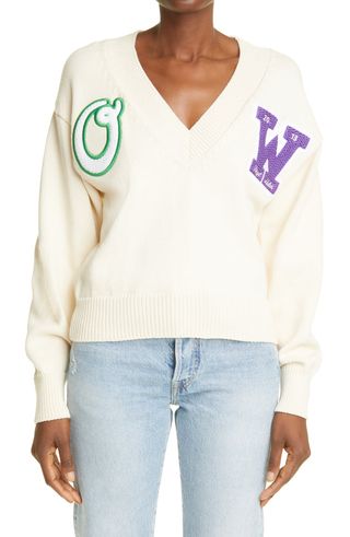 Off-White + Varsity Logo V-Neck Cotton Blend Sweater