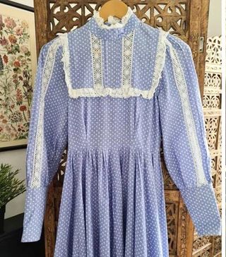 Vintage + 1970s Laura Ashley Dress Made in Wales Blue Prairie