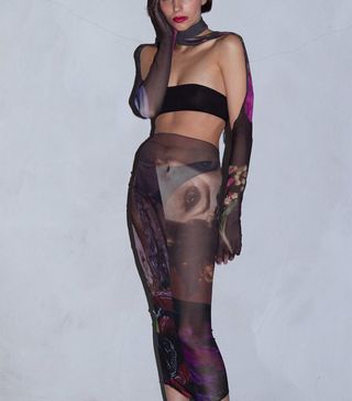 Auné + Giallo Mesh Print Drape Midi Skirt