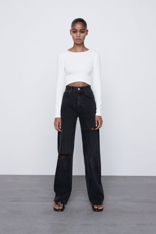 Zara + Wide Leg Full Length Ripped Jeans