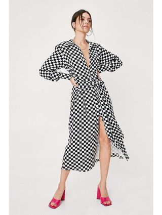 NastyGal + Checkerboard Tie Front Midi Shirt Dress