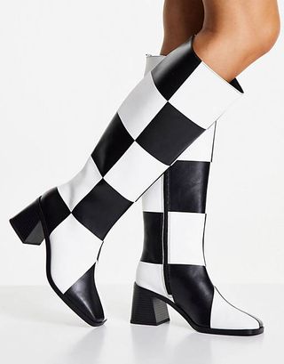 Monki + Polly Vegan Checkerboard Knee High Heeled Boots in Black
