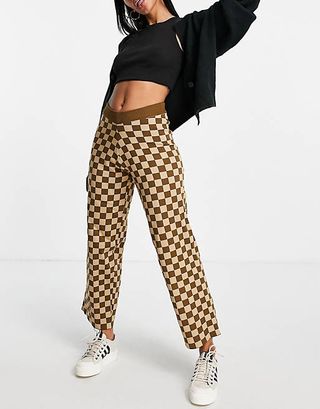 Daisy Street + Relaxed Wide Leg Trousers in Brown Checkerboard Knit Co-Ord