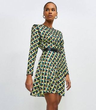Karen Millen + Geo Print Zip Detail Dress With PU Belt