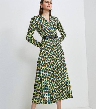 Karen Millen + Geo Print Zip Detail Midi Dress With PU Belt