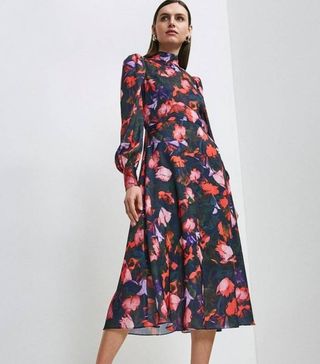 Karen Millen + Neon Rose Printed Midi Dress