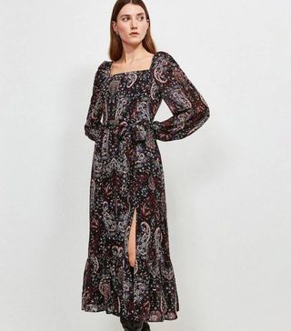 Karen Millen + Textured Paisley Print Puff Sleeve Dress