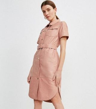 Karen Millen + Leather Perforated Belted Shirt Dress