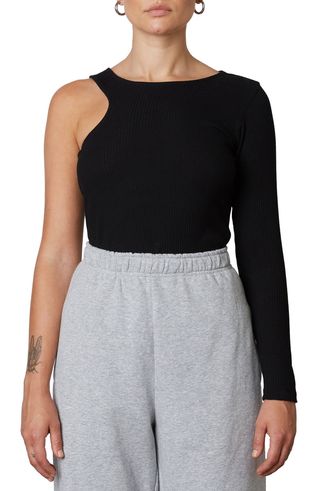 Nia + Asymmetrical One-Shoulder Ribbed Sweater