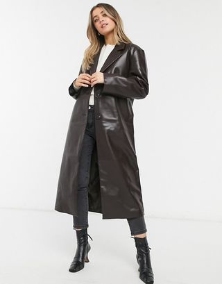 ASOS Design + Leather Look Trench Coat in Brown
