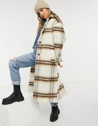 ASOS Design + Button Through Check Belted Coat in Multi